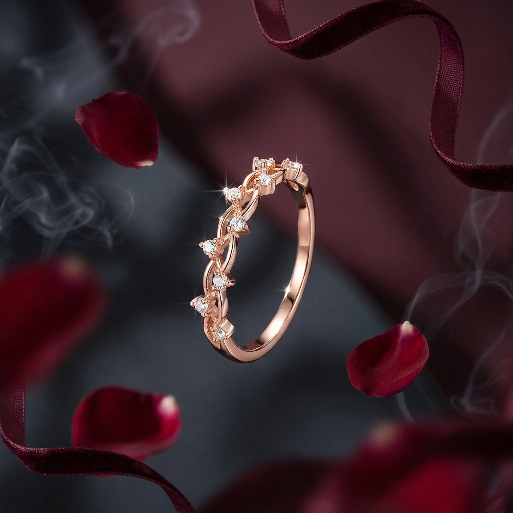 A rose gold ring with a floral vine design set with clear gemstones, presented on a dark background with red rose petals and dark red ribbons.